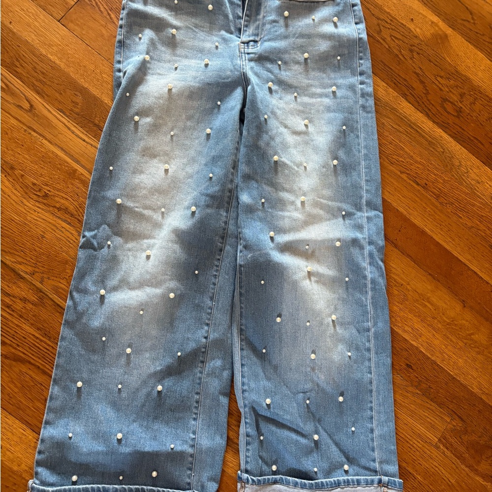 Vici Light Blue Pearl Embellished Wide Leg Jeans